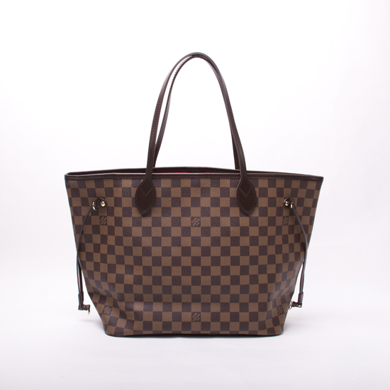 全新 LV N51105 Neverfull咖啡Damier格紋全皮肩背托特包(中)