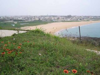 西山戰車連廢棄營區鳥瞰山水沙灘跟山水社區，得從村外繞小路進來，上頭視野好啊！這邊也是當地釣客喜歡磯釣的地方。不過這裡地勢較高，來此處請記得小心安全