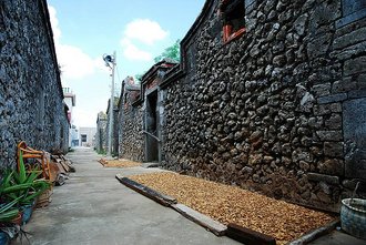 在許家村的古厝前灑曬一匡匡的花生